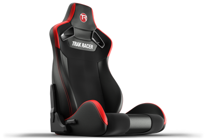 Black and red racing seat with 'Trak Racer' branding on a white background