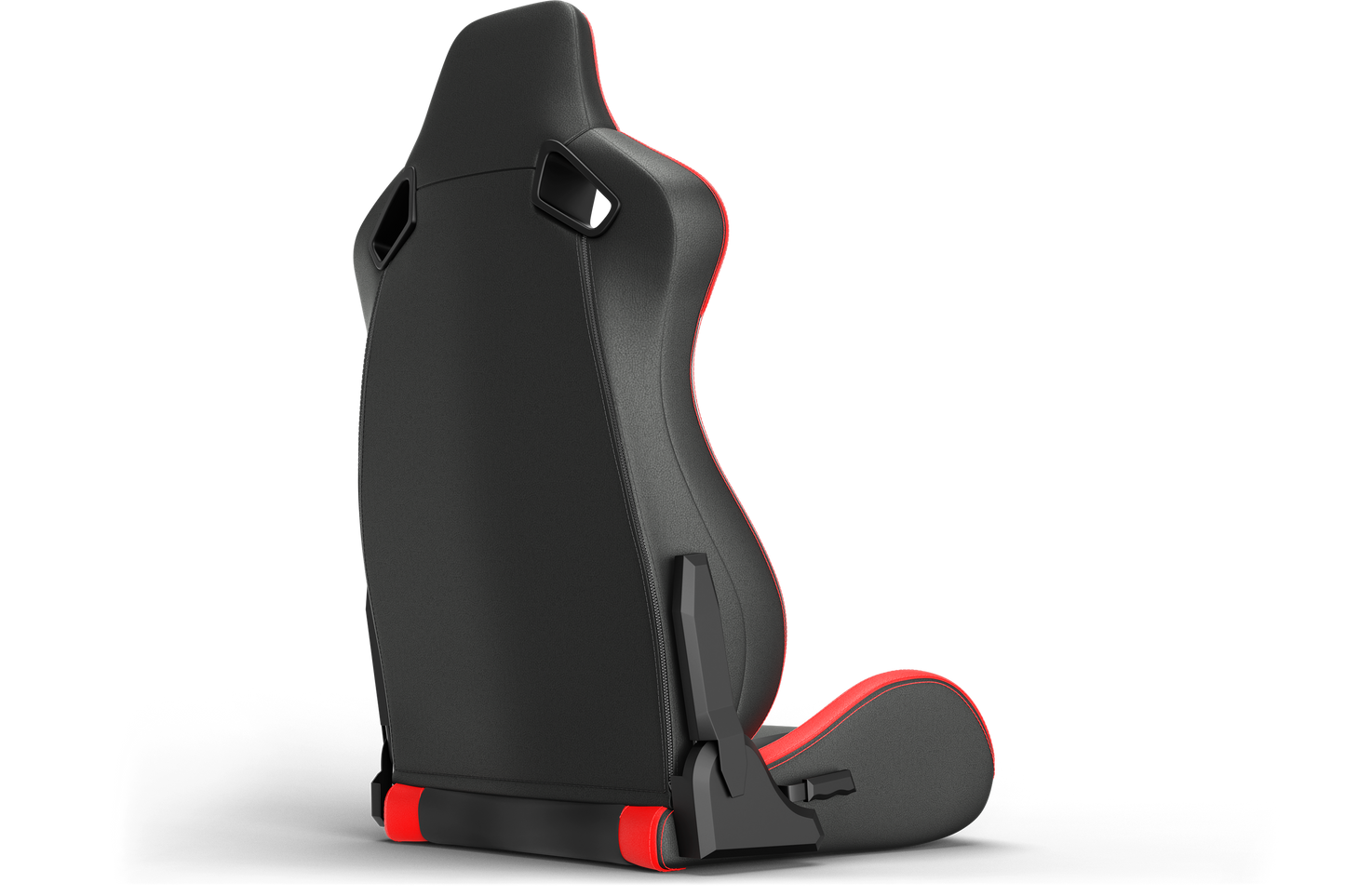 Black racing seat with red accents on a white background
