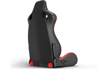 Black racing seat with red accents on a white background