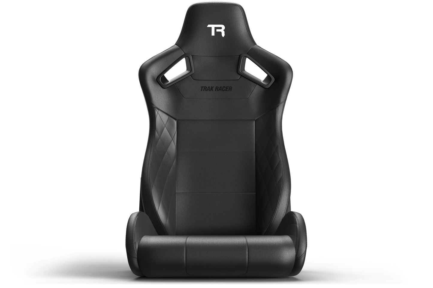Black racing seat with 'TR' logo on a white background