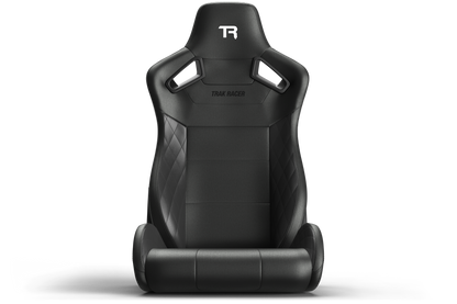 Black racing seat with 'TR' logo on a white background