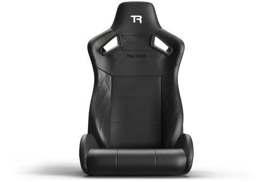 Black racing seat with 'TR' logo on a white background