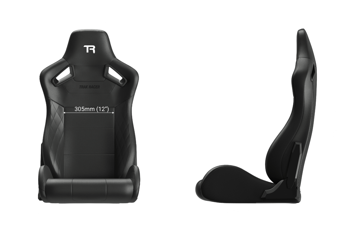Racing seat with dimensions labeled on a black background