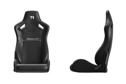Racing seat with dimensions labeled on a black background