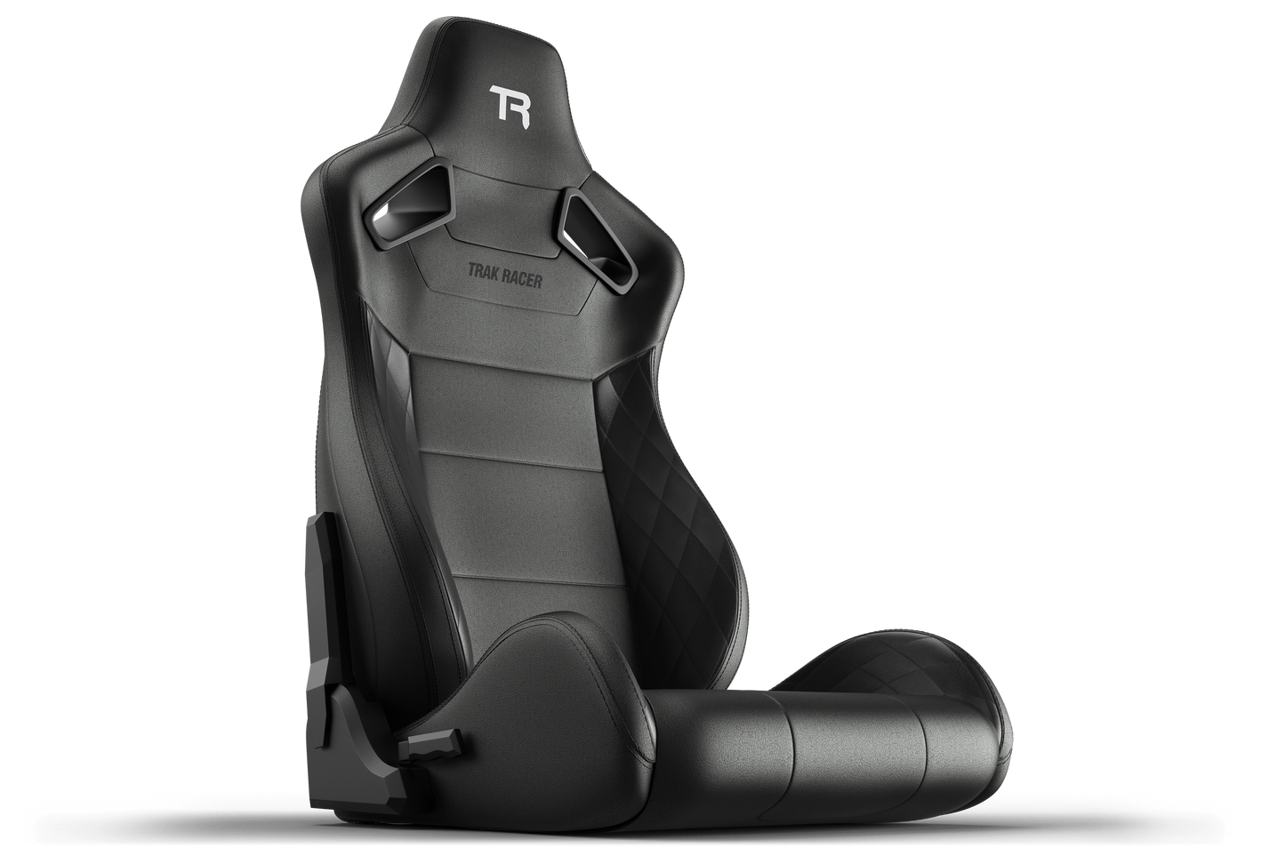 Black racing seat with 'TR' logo on a white background