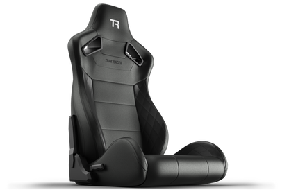 Black racing seat with 'TR' logo on a white background