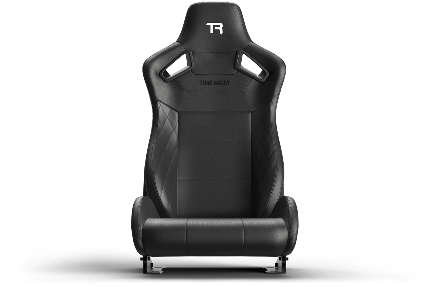 Black racing seat with 'TR' logo on a white background