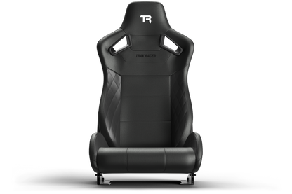 Black racing seat with 'TR' logo on a white background