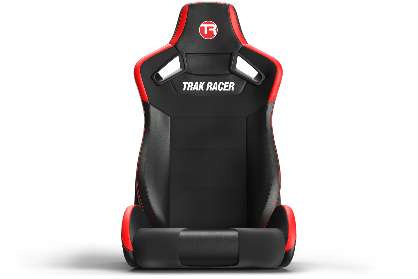 Black and red racing seat with 'Trak Racer' branding on a white background