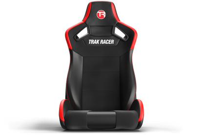 Black and red racing seat with 'Trak Racer' branding on a white background