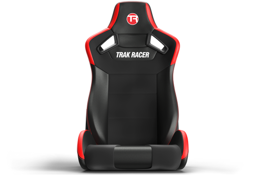 Black and red racing seat with 'Trak Racer' branding on a white background