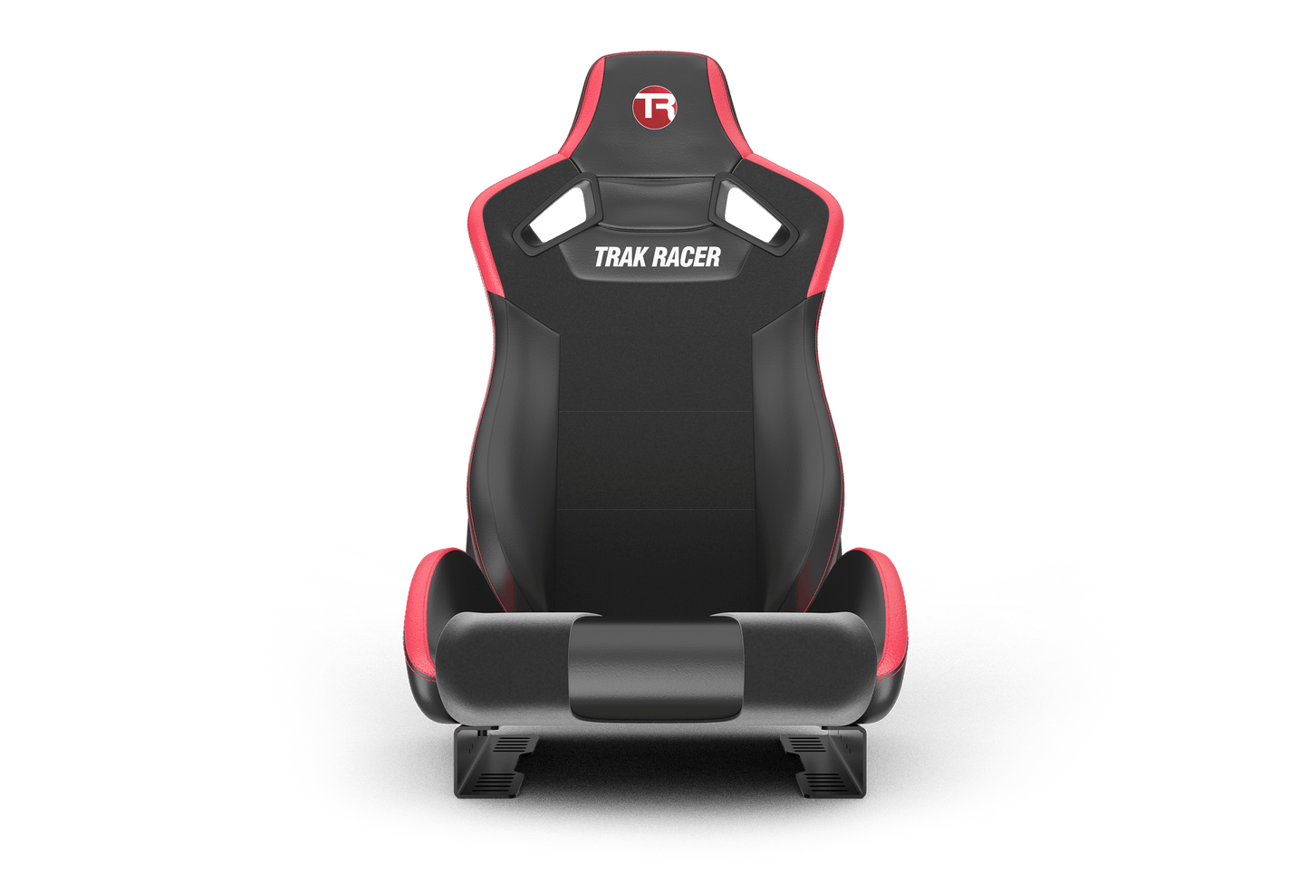 Black and red racing seat with 'Trak Racer' branding on a transparent background