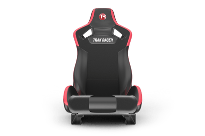 Black and red racing seat with 'Trak Racer' branding on a transparent background