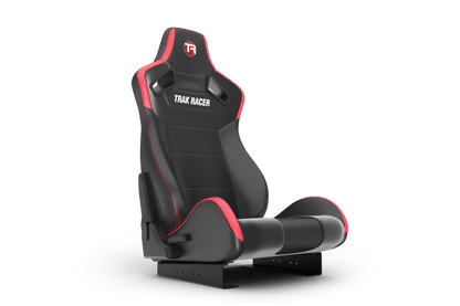 Black and red gaming chair with 'Trak Racer' branding on a transparent background