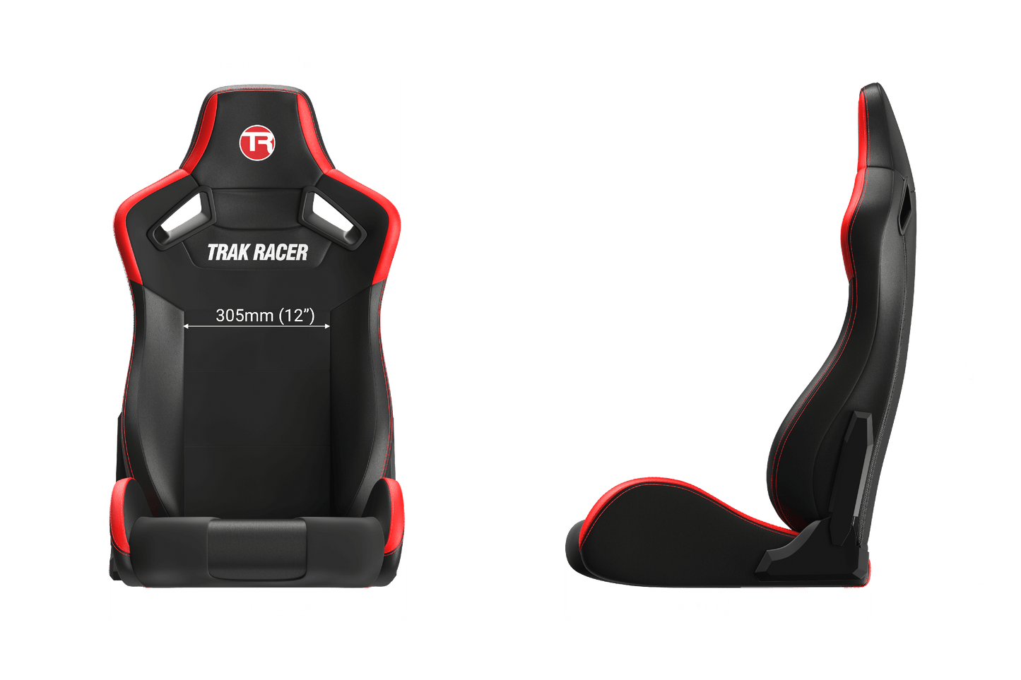 Black and red racing seat with dimensions on a black background