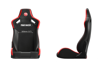 Black and red racing seat with dimensions on a black background