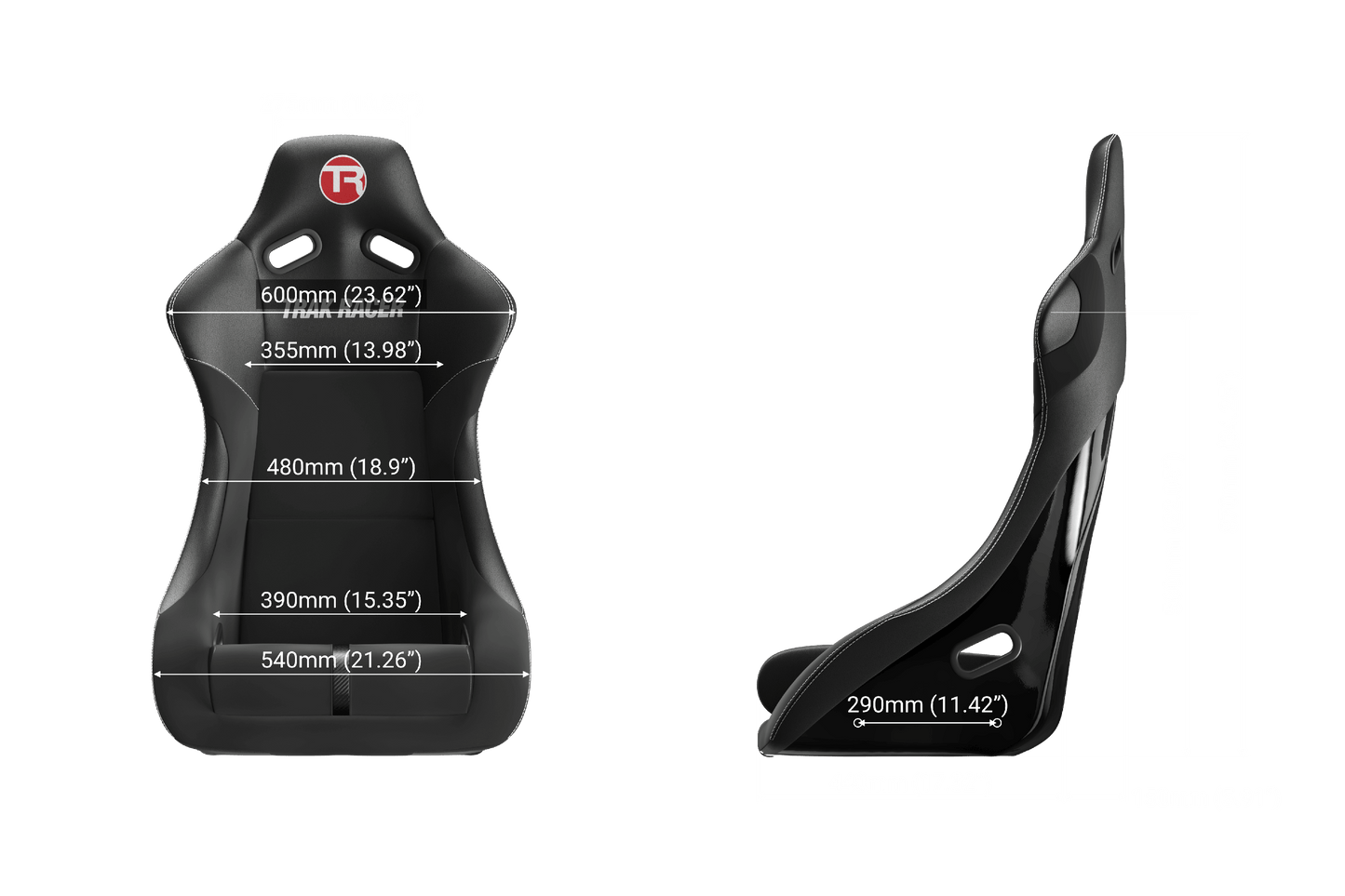 Black racing seat with measurements on a green background