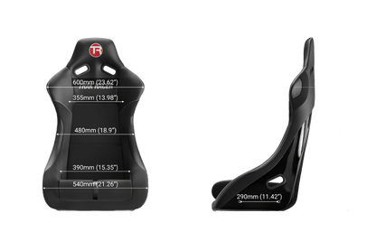 Black racing seat with measurements on a green background