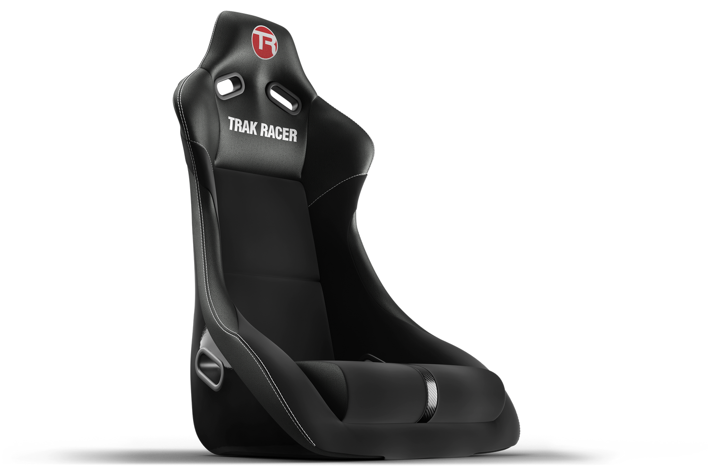 Black racing seat with 'Trak Racer' branding on a white background