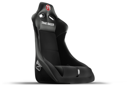 Black racing seat with 'Trak Racer' branding on a white background