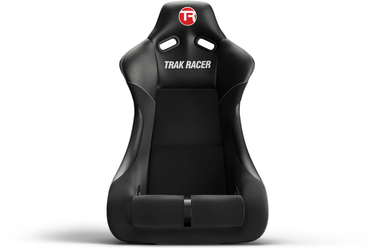 Black racing seat with 'Trak Racer' branding on a white background