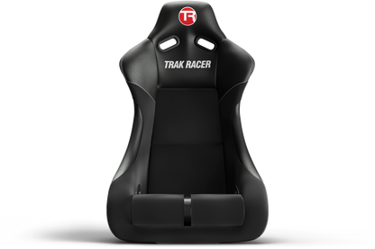 Black racing seat with 'Trak Racer' branding on a white background
