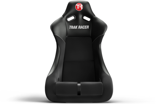 Black racing seat with 'Trak Racer' branding on a white background