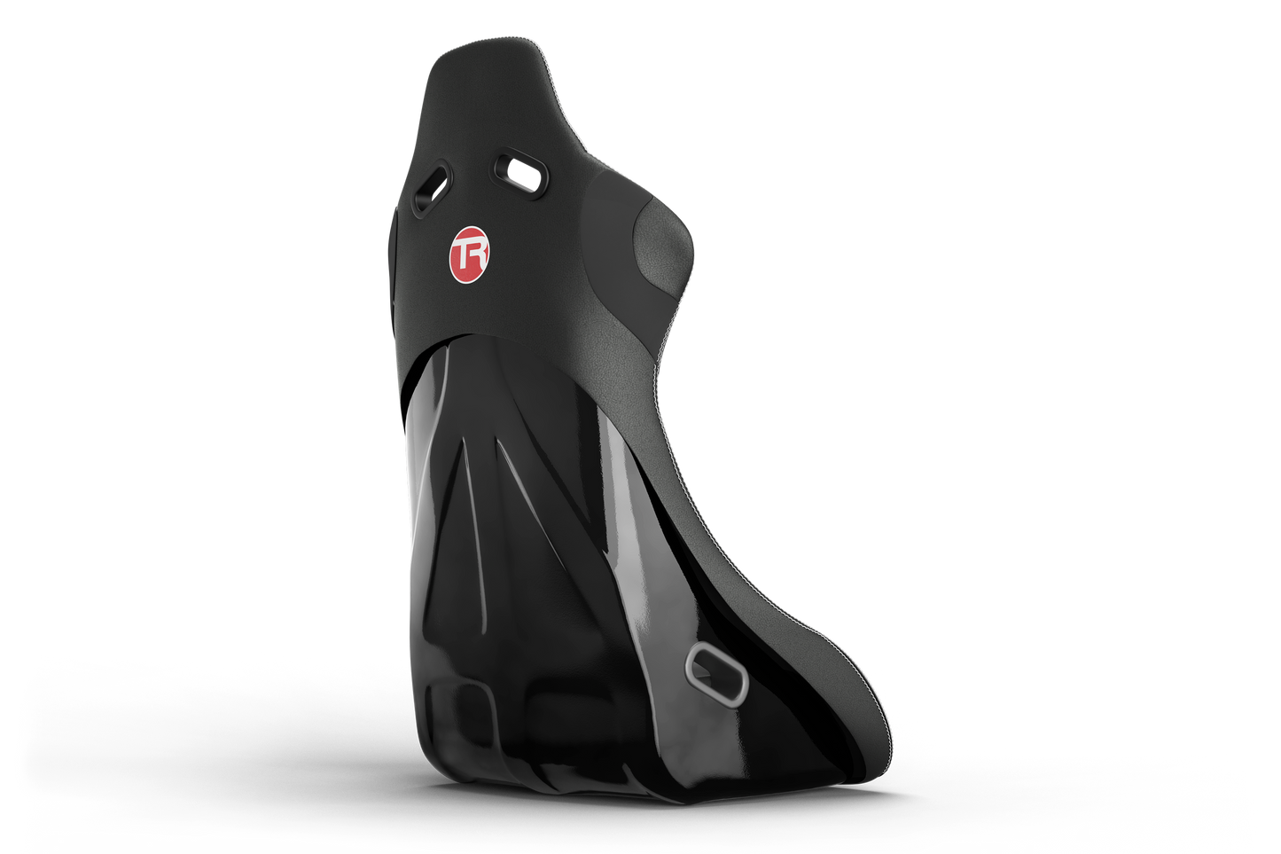 Black motorcycle seat with a red logo on a white background