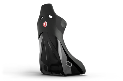 Black motorcycle seat with a red logo on a white background