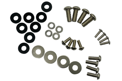 Collection of screws and washers on a white background