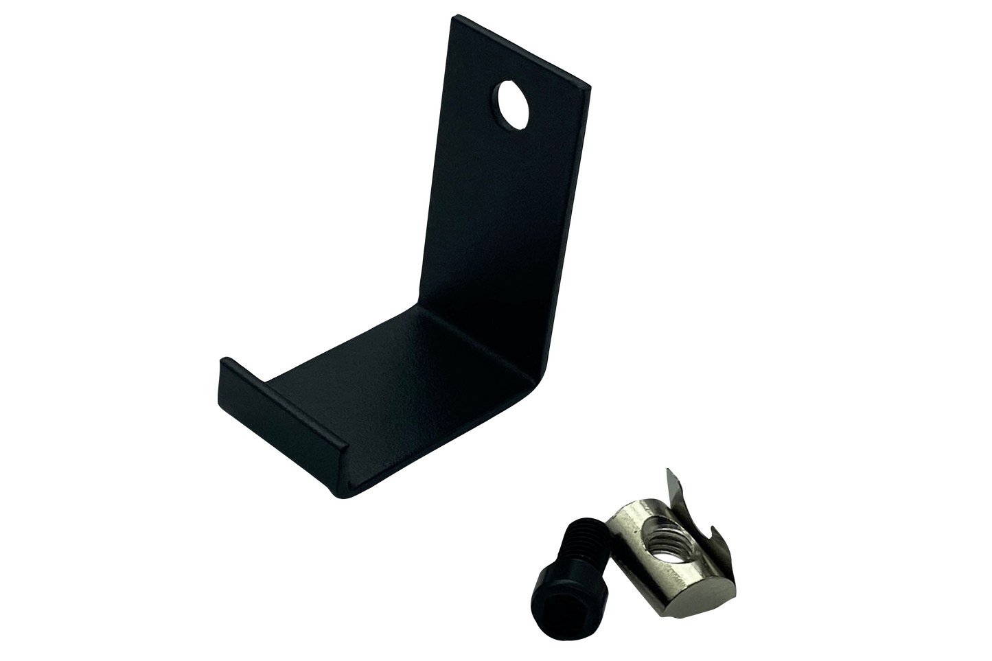 Black metal bracket and silver metal clip on a white background