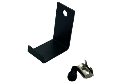 Black metal bracket and silver metal clip on a white background