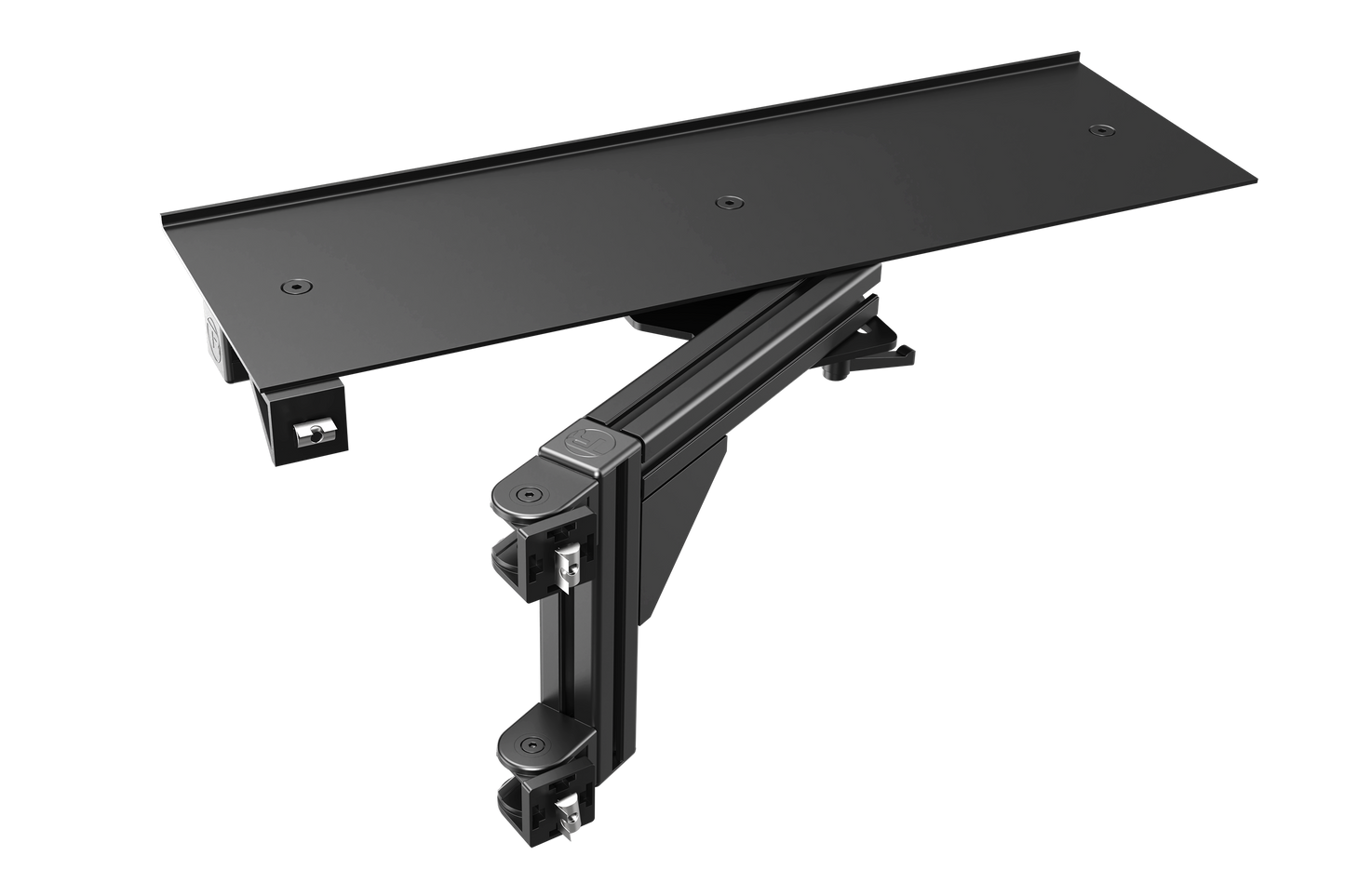 Black adjustable desk mount on a white background