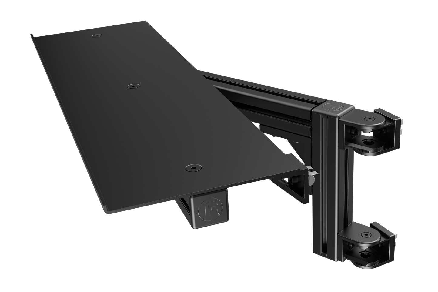 Black adjustable monitor stand on a white background