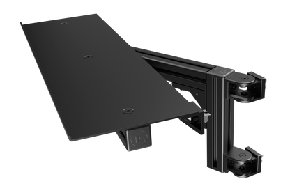 Black adjustable monitor stand on a white background