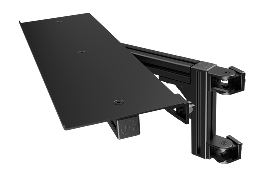 Black adjustable monitor stand on a white background