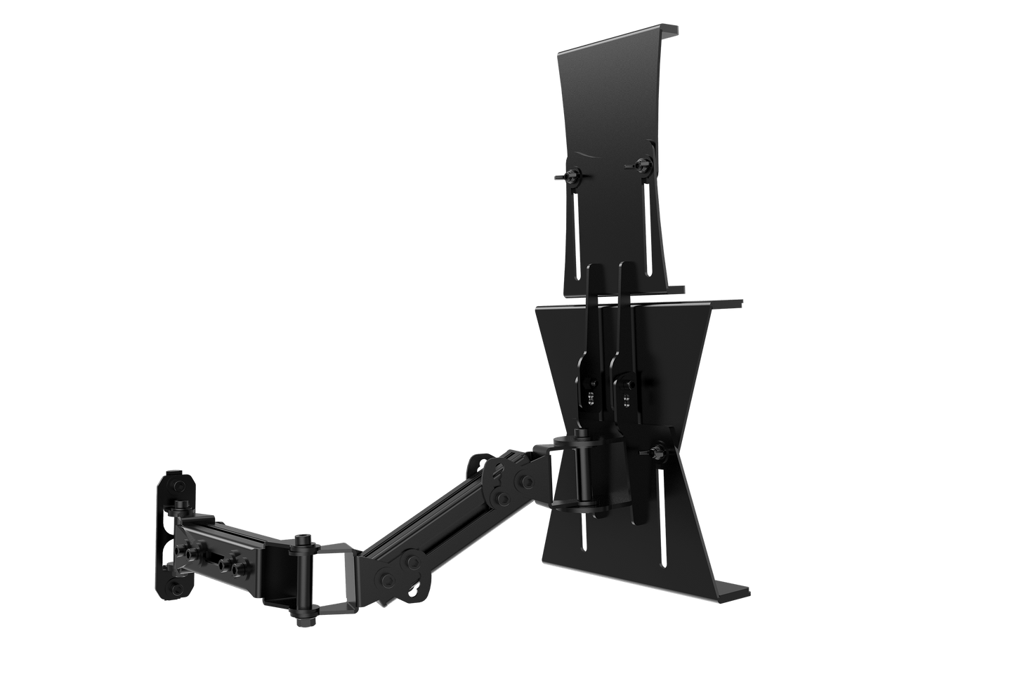 Black metal stand with adjustable arm on a transparent background