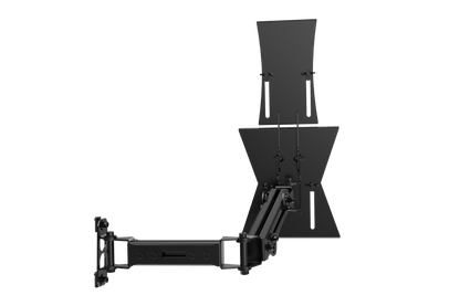Black adjustable monitor stand on a transparent background