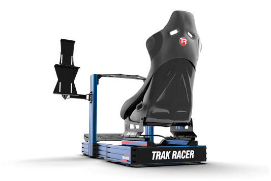 Simulator racing seat with stand labeled 'Trak Racer' on a transparent background