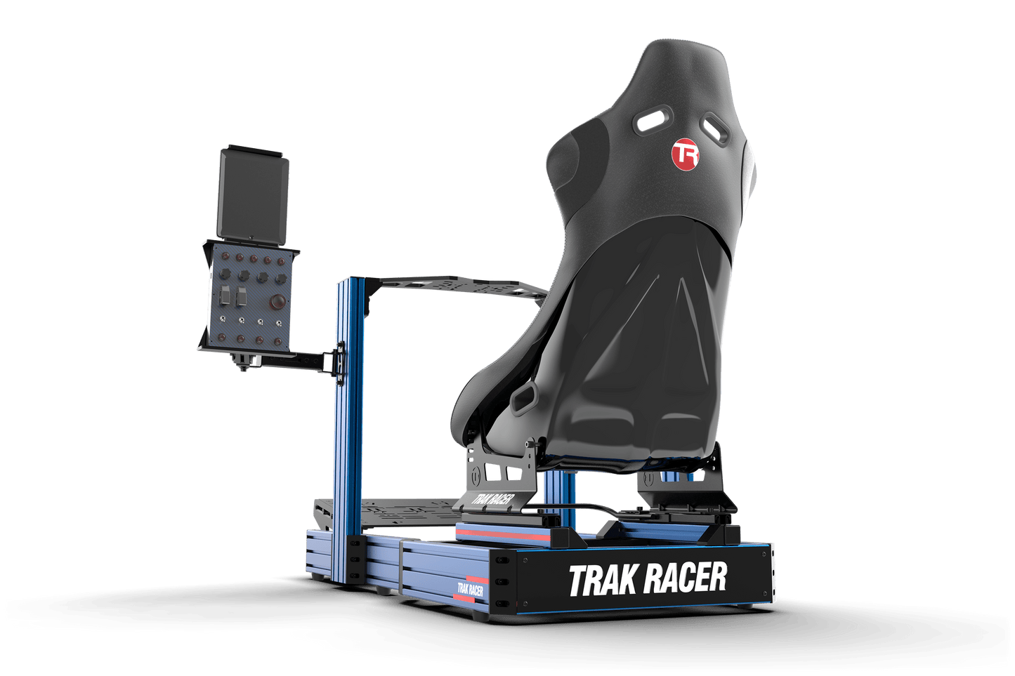 Simulator racing seat with control panel and 'Trak Racer' branding on a transparent background