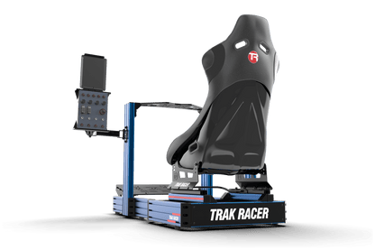 Simulator racing seat with control panel and 'Trak Racer' branding on a transparent background