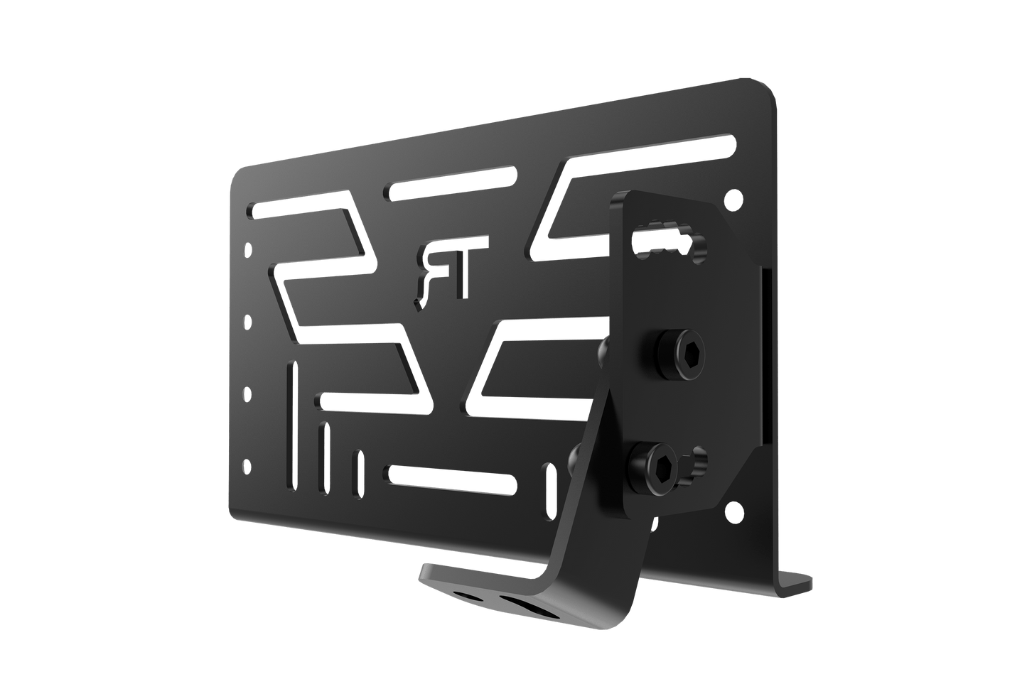 Black metal bracket with green cut-out design on a transparent background