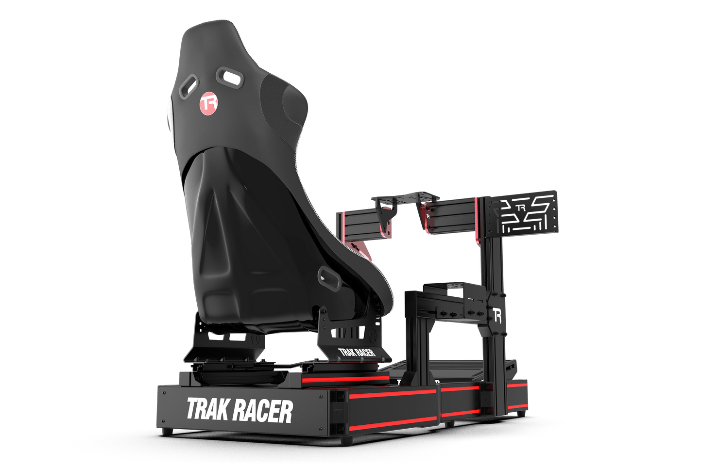 Black gaming chair with red accents on a transparent background