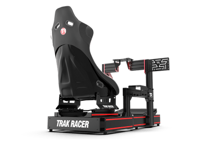 Black gaming chair with red accents on a transparent background