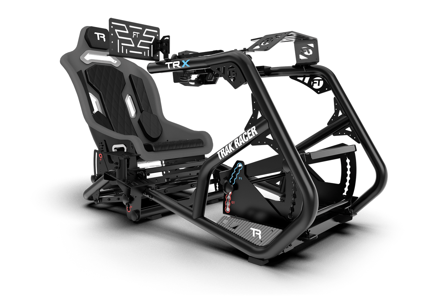 Black and gray TRX vehicle seat frame on a transparent background