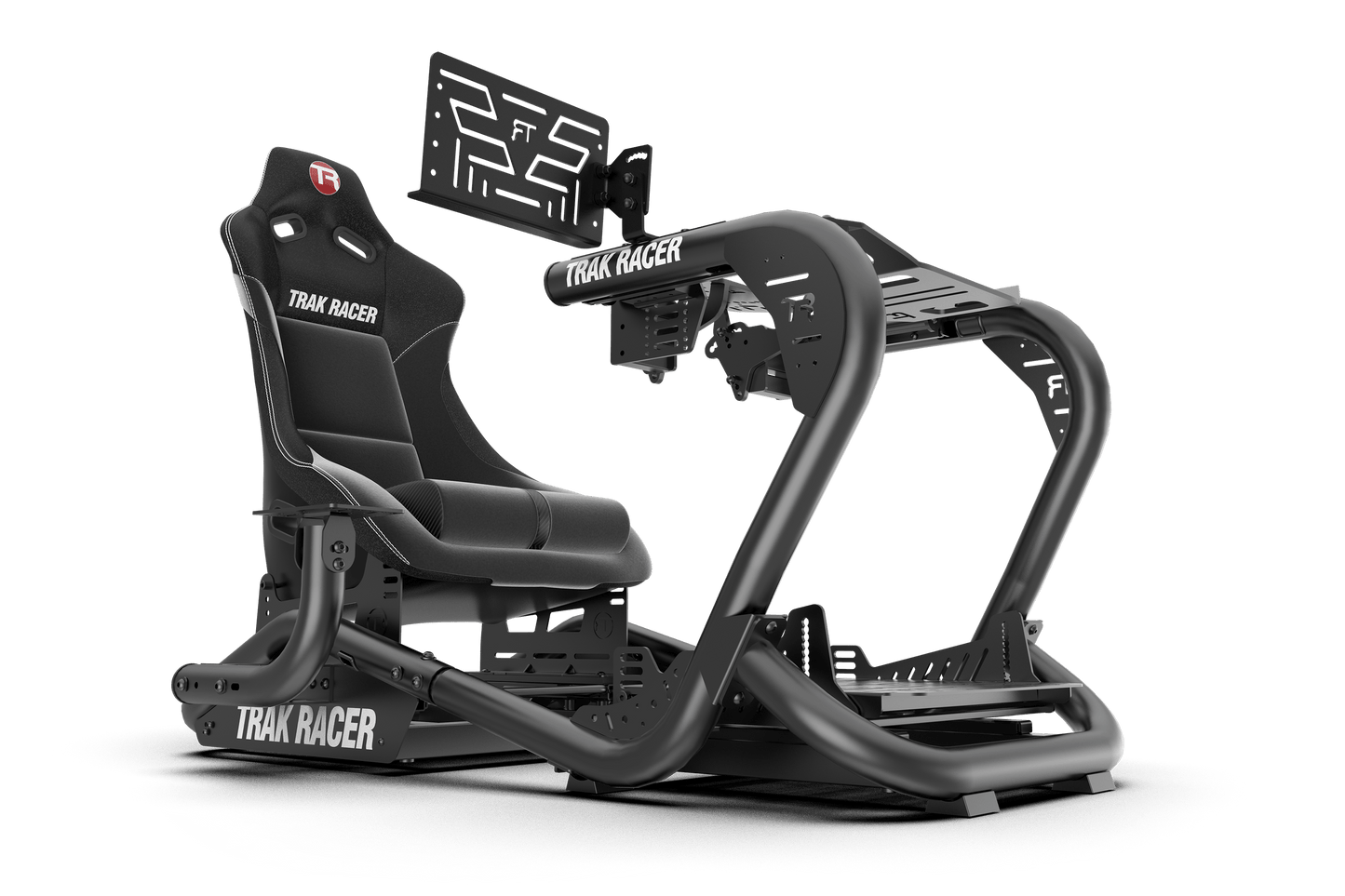 Black gaming simulator chair with 'Trak Racer' branding on a transparent background