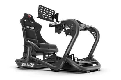 Black gaming simulator chair with 'Trak Racer' branding on a transparent background