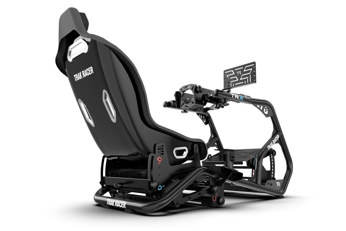 Black gaming chair with attached screen on a transparent background