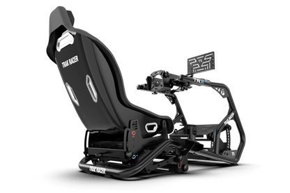 Black gaming chair with attached screen on a transparent background