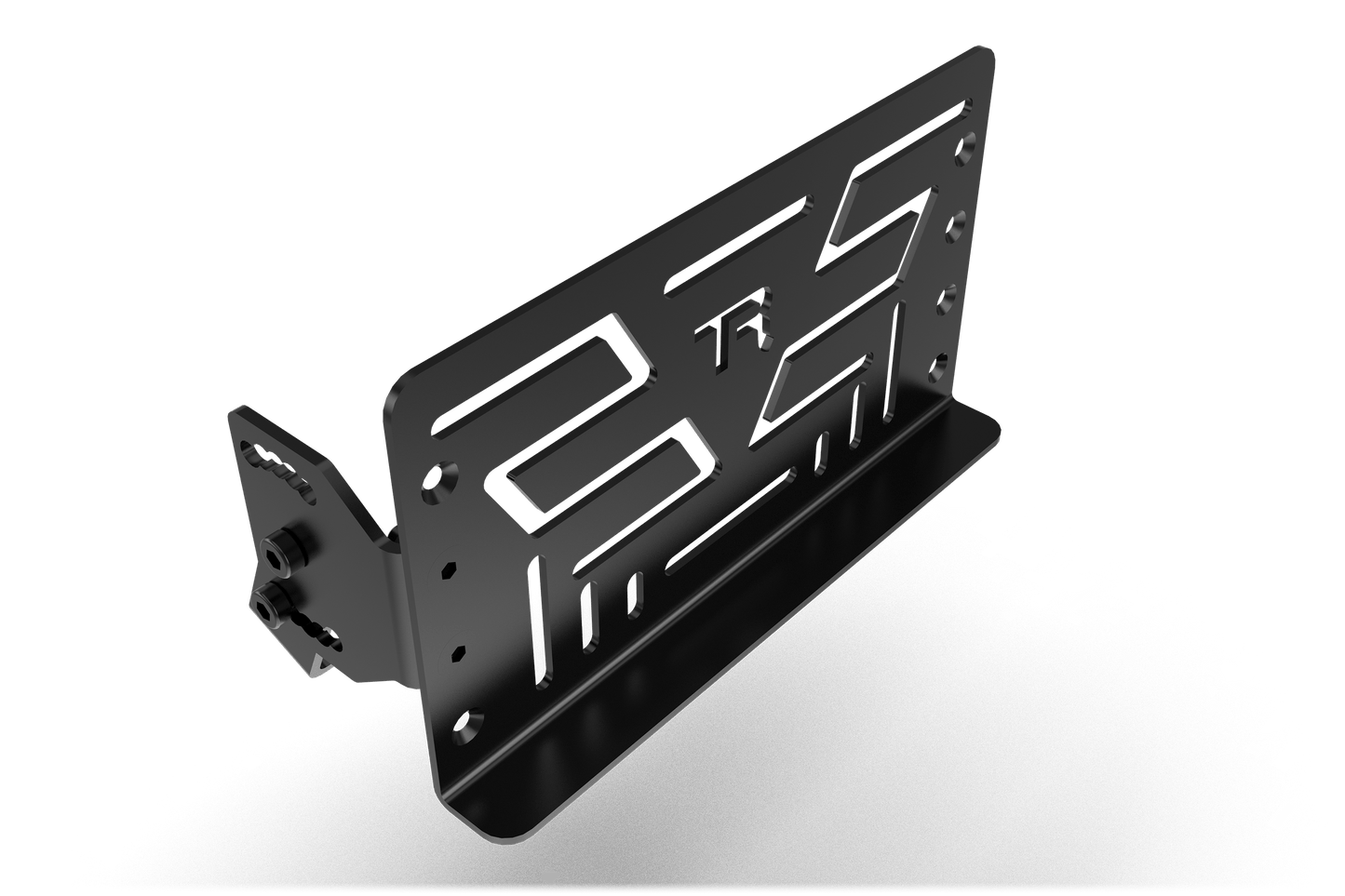Black metal license plate holder with branding on a transparent background
